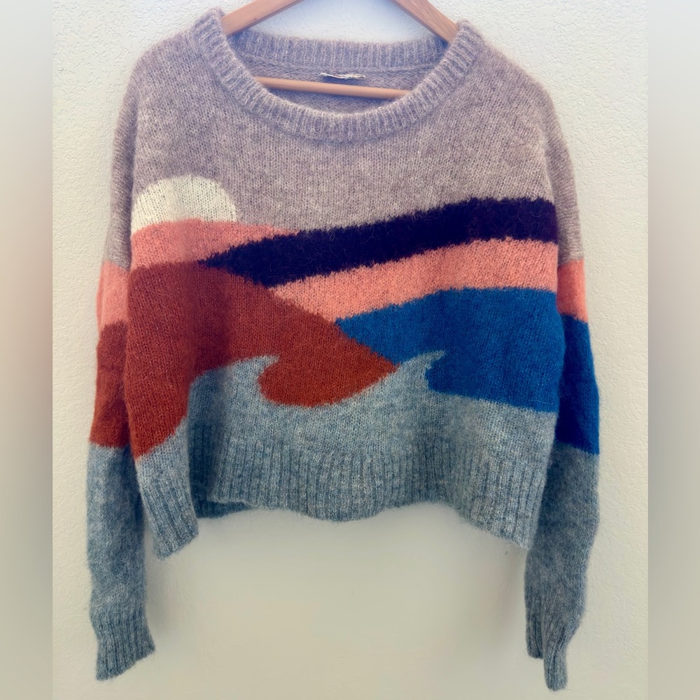 Faherty Multicolor Abstract Alpaca Crewneck Sweater — Blue, Rust, Pink, Cream